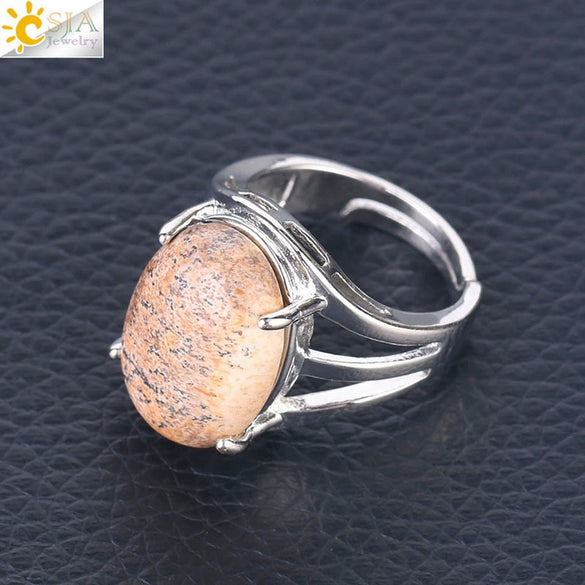 Jewelry Oval Natural Stone Crystal Alloy Women's Ring Four Claw Inlay Hollow Electroplated