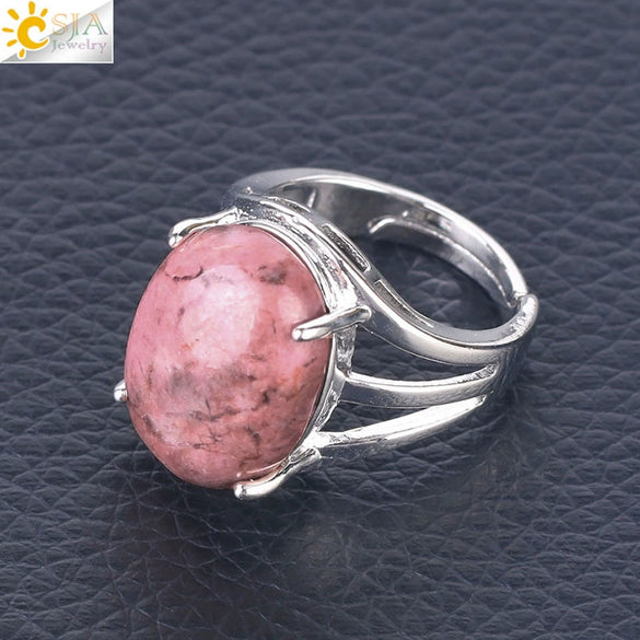 Jewelry Oval Natural Stone Crystal Alloy Women's Ring Four Claw Inlay Hollow Electroplated