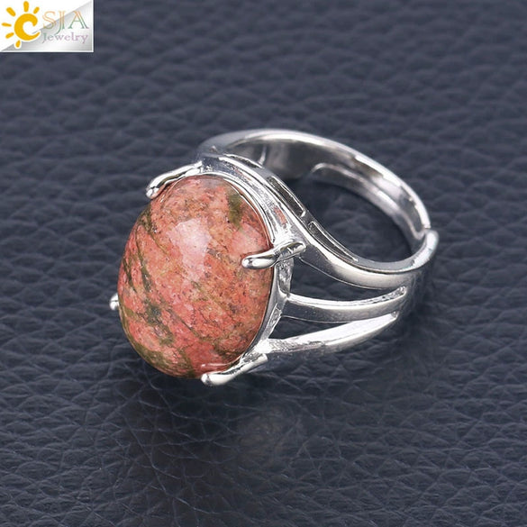 Jewelry Oval Natural Stone Crystal Alloy Women's Ring Four Claw Inlay Hollow Electroplated