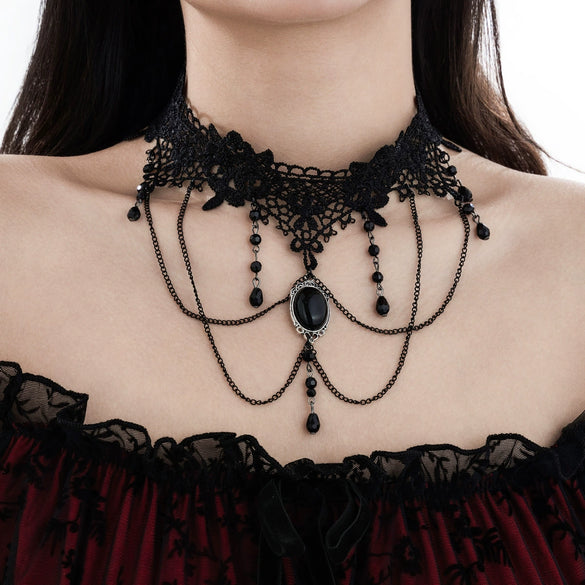 Jewelry Palace Style Black Lace Iron Chain Imitation Crystal Geometric Beaded Tassel Clavicle Necklace With Electroplating