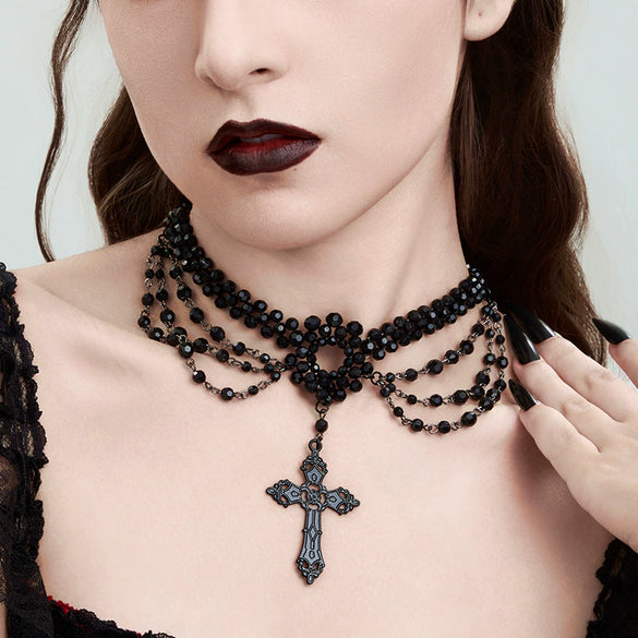 Jewelry Palace Style Black Lace Iron Chain Imitation Crystal Geometric Beaded Tassel Clavicle Necklace With Electroplating