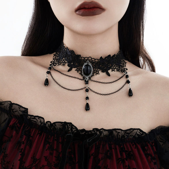Jewelry Palace Style Black Lace Iron Chain Imitation Crystal Geometric Beaded Tassel Clavicle Necklace With Electroplating