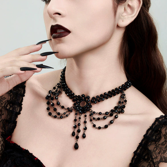 Jewelry Palace Style Black Lace Iron Chain Imitation Crystal Geometric Beaded Tassel Clavicle Necklace With Electroplating