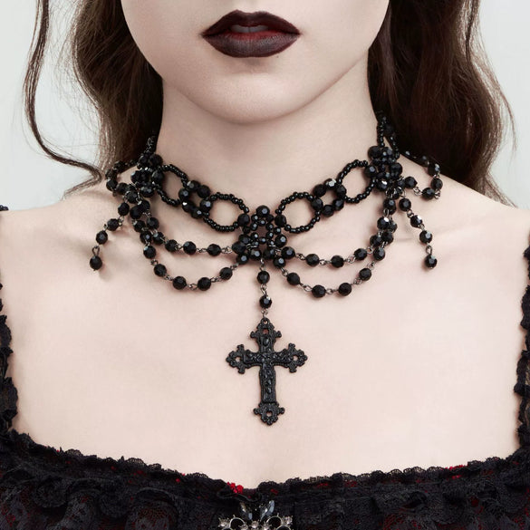 Jewelry Palace Style Black Lace Iron Chain Imitation Crystal Geometric Beaded Tassel Clavicle Necklace With Electroplating