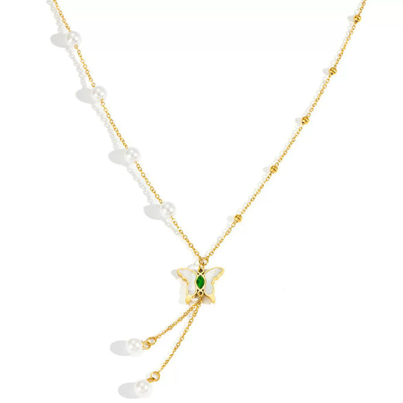 Jewelry Pearl Pendant Necklace Tassel Butterfly Green Embellishment Titanium Steel Electroplating Women's