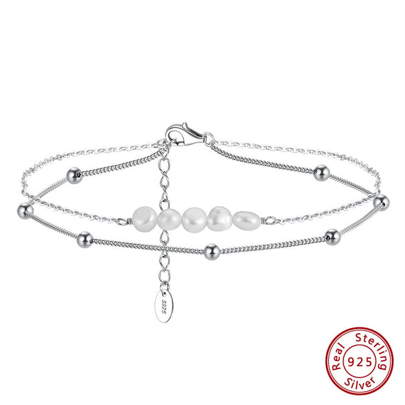 Jewelry Pearl 225 Silver Geometric Style Double Row Chain Anklet For Women