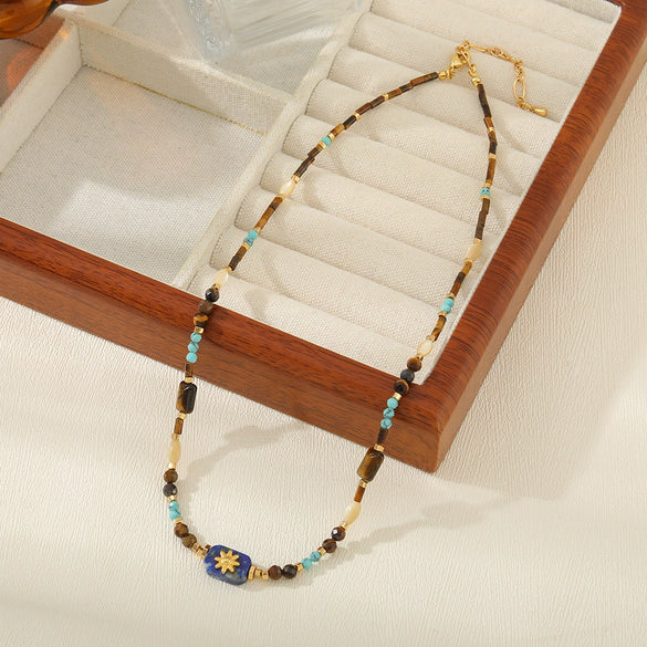 Jewelry Pendant Necklace Stainless Steel Tiger Eye Stone Shell Copper Blue Geometric Pattern Handmade