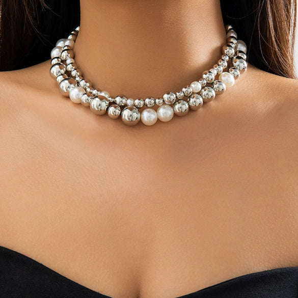 Jewelry Plastic Geometric Beads Punk Collar Clavicle Chain Necklace For Women Electroplated