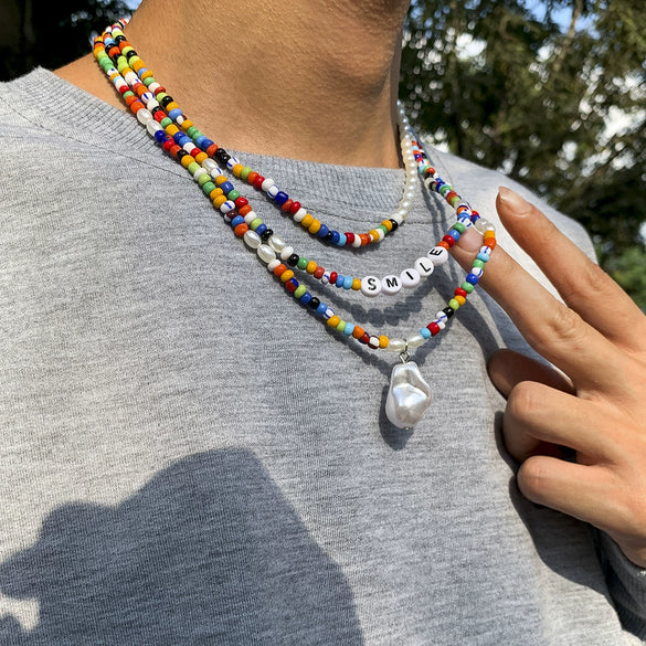 Jewelry Plastic Resin Acrylic Bohemian Style Specialshaped Letter Multilayer Stacked Dripping Oil Men's Necklace