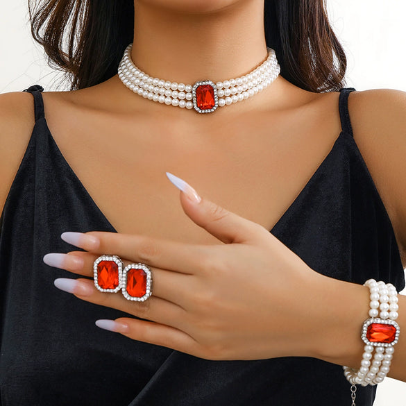 Jewelry Plastic Resin Geometric Multi Layer Imitation Pearl Ball Chain Necklace For Women