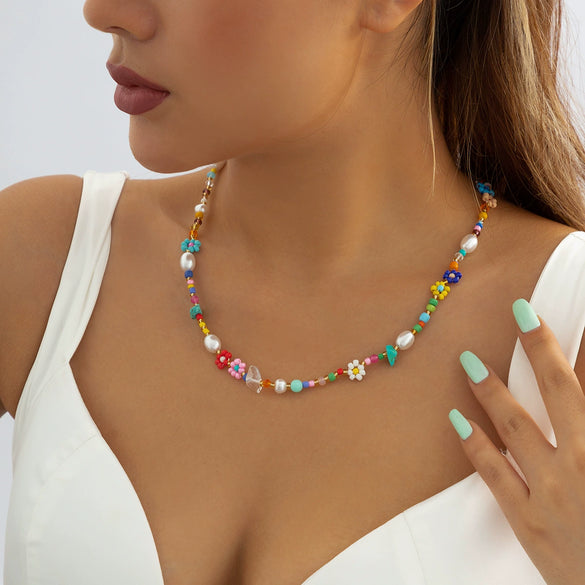 Jewelry Plastic Resin Simple Rice Bead Braided Imitation Pearl Geometric Handmade Women's Necklace