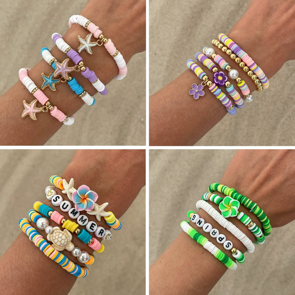 Jewelry Polymer Clay Alloy Imitation Pearl Bracelet Set With Letter Shape And Electroplating Process In Vacation Style