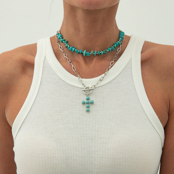 Jewelry Punk Alloy Imitation Turquoise Animal Zodiac Geometric Pendant Necklace With Iron Chain Electroplating