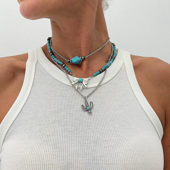 Jewelry Punk Alloy Imitation Turquoise Animal Zodiac Geometric Pendant Necklace With Iron Chain Electroplating