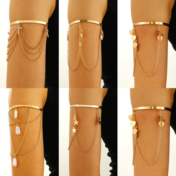 Jewelry Punk Arm Chain Metal Hanging Chain Tassel Arm Ring Electroplated With Shells Love Leaves Pattern Unisex