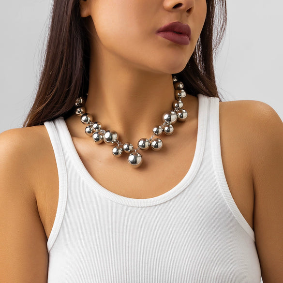 Jewelry Punk Creative Round Bead Imitation Pearl Tassel Necklace Metal Ball Chain Geometric Style Electroplating