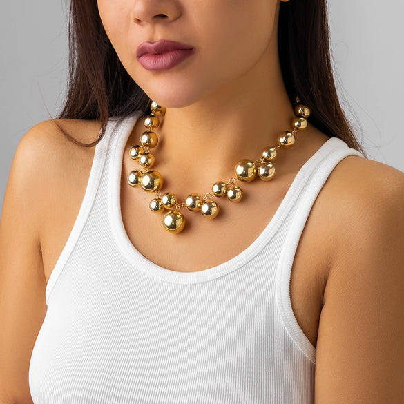Jewelry Punk Creative Round Bead Imitation Pearl Tassel Necklace Metal Ball Chain Geometric Style Electroplating