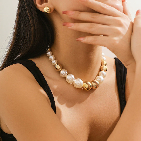 Jewelry Punk Exaggerated Metal Bead Imitation Pearl Necklace Choker With Geometric Pattern And Electroplating Treatment