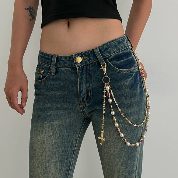 Jewelry Punk Hiphop Style Alloy Imitation Pearl Acrylic Diamond Cross Multiple Circles Pants Chain For Female Cowboy Style