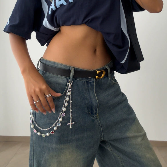 Jewelry Punk Hiphop Style Alloy Imitation Pearl Acrylic Diamond Cross Multiple Circles Pants Chain For Female Cowboy Style