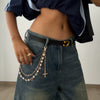 Jewelry Punk Hiphop Style Alloy Imitation Pearl Acrylic Diamond Cross Multiple Circles Pants Chain For Female Cowboy Style