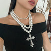 Jewelry Punk Imitation Pearl Alloy Geometric Cross Clavicle Chain Necklace For Women Electroplated
