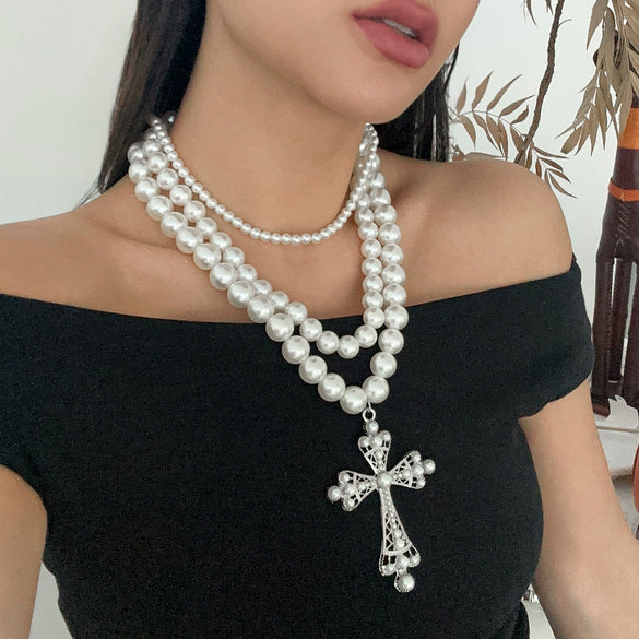Jewelry Punk Imitation Pearl Alloy Geometric Cross Clavicle Chain Necklace For Women Electroplated
