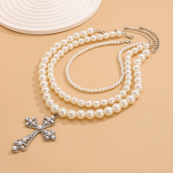Jewelry Punk Imitation Pearl Alloy Geometric Cross Clavicle Chain Necklace For Women Electroplated