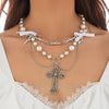 Jewelry Punk Metal Cross Imitation Pearl Tassel Bow Necklace Alloy Iron Chain Electroplating For Women