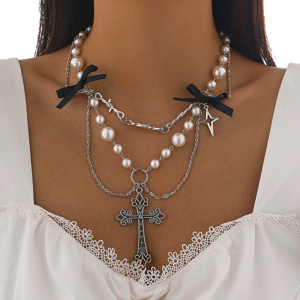 Jewelry Punk Metal Cross Imitation Pearl Tassel Bow Necklace Alloy Iron Chain Electroplating For Women