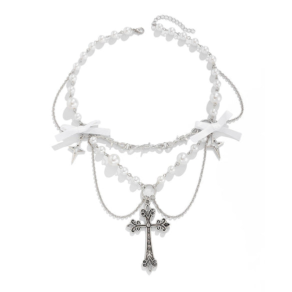 Jewelry Punk Metal Cross Imitation Pearl Tassel Bow Necklace Alloy Iron Chain Electroplating For Women
