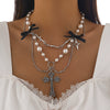 Jewelry Punk Metal Cross Imitation Pearl Tassel Bow Necklace Alloy Iron Chain Electroplating For Women