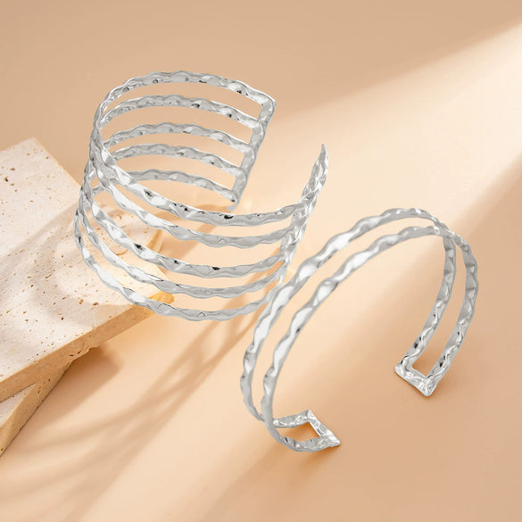 Jewelry Punk Metal Hollow Wave Bracelet And Open Arm Ring Electroplating For Women