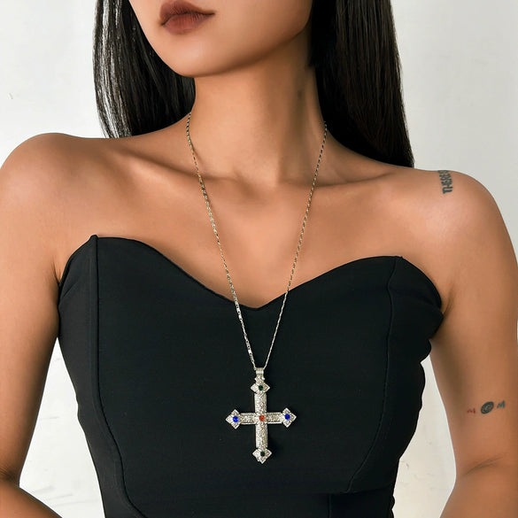 Jewelry Punk Style Alloy And Copper Clavicle Chain With Geometric Cross Pendant Electroplated