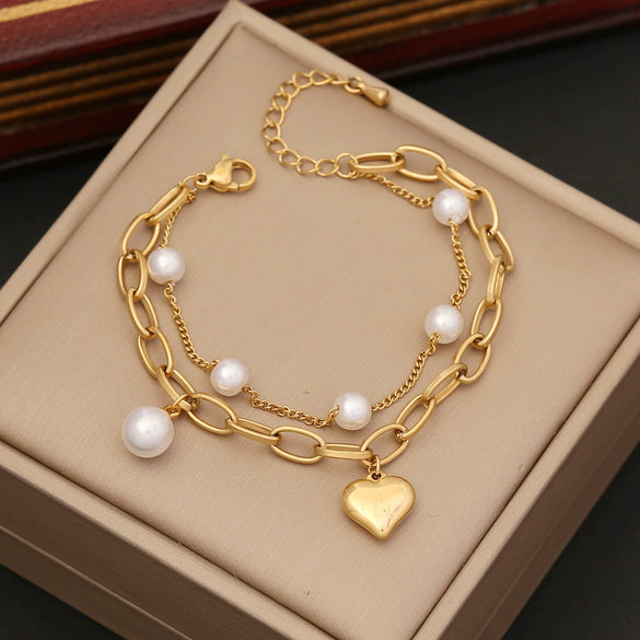Jewelry Red Zircon Pearl Double Cuban Chain Stainless Steel Clavicle Necklace Electroplated