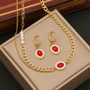 Jewelry Red Zircon Pearl Double Cuban Chain Stainless Steel Clavicle Necklace Electroplated