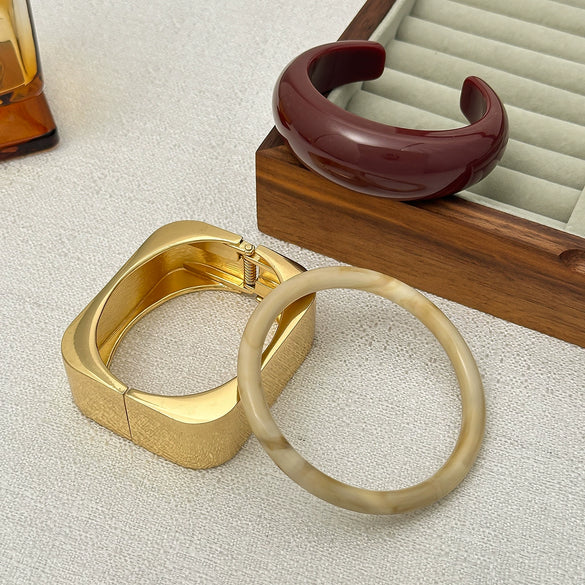Jewelry Resin Square Wide Bracelet Versatile Retro Red Glossy Manual Electroplated For Women