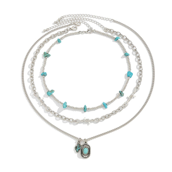 Jewelry Retro Alloy Necklace With Imitation Turquoise And Cactus Pendant Electroplated For Women