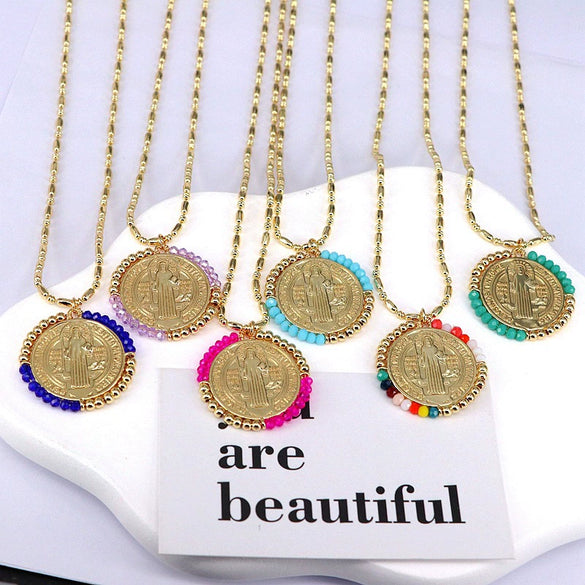 Jewelry Retro Color Crystal Winding Round Geometric Pendant Necklace Copper Titanium Steel Electroplating