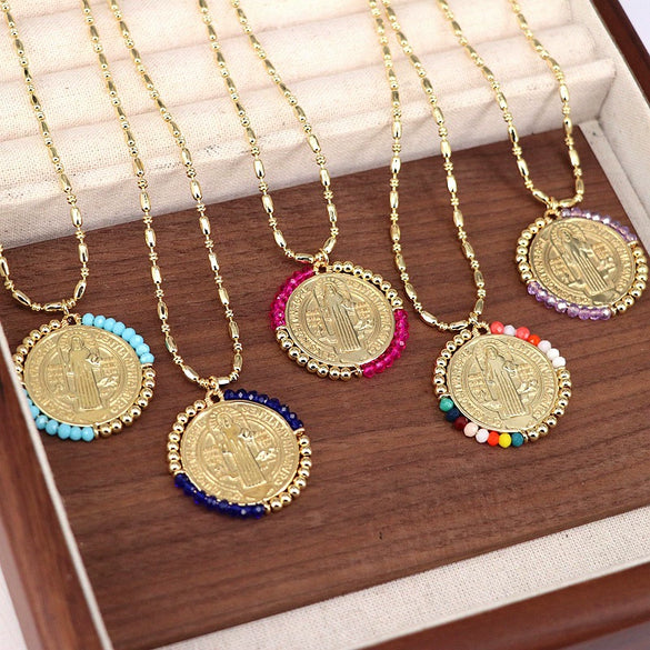 Jewelry Retro Color Crystal Winding Round Geometric Pendant Necklace Copper Titanium Steel Electroplating