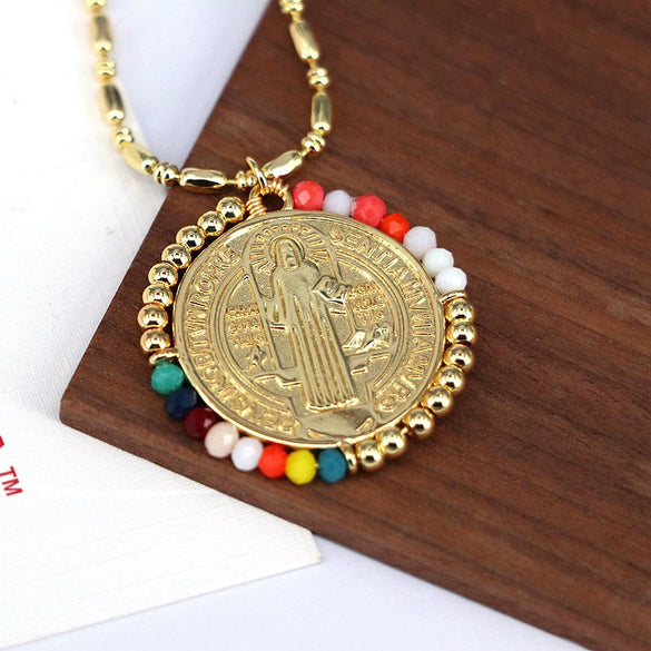 Jewelry Retro Color Crystal Winding Round Geometric Pendant Necklace Copper Titanium Steel Electroplating