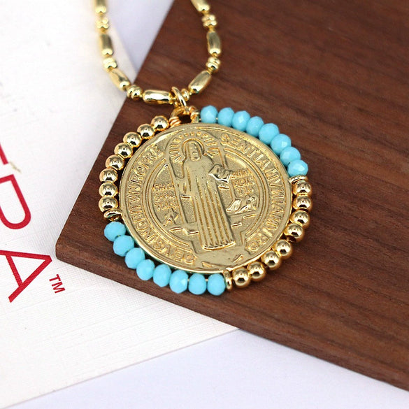 Jewelry Retro Color Crystal Winding Round Geometric Pendant Necklace Copper Titanium Steel Electroplating