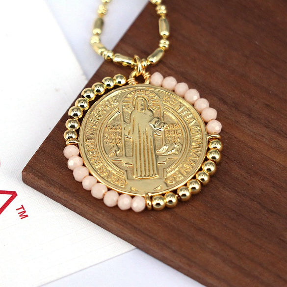 Jewelry Retro Color Crystal Winding Round Geometric Pendant Necklace Copper Titanium Steel Electroplating