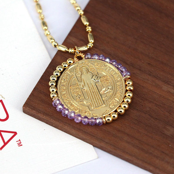 Jewelry Retro Color Crystal Winding Round Geometric Pendant Necklace Copper Titanium Steel Electroplating