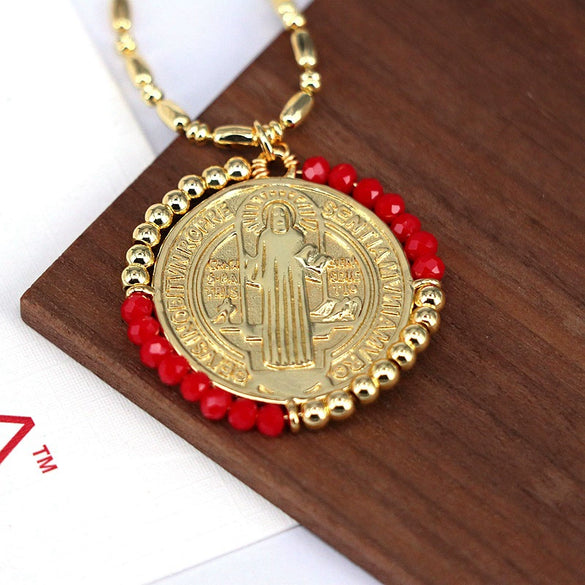 Jewelry Retro Color Crystal Winding Round Geometric Pendant Necklace Copper Titanium Steel Electroplating