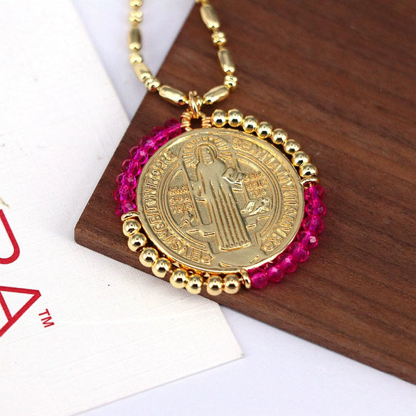 Jewelry Retro Color Crystal Winding Round Geometric Pendant Necklace Copper Titanium Steel Electroplating