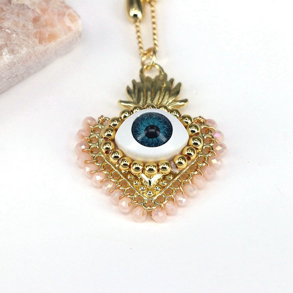 Jewelry Retro Design Devil's Eye Crystal Copper Resin Geometric Peach Heart Pendant Goldplated Ball Chain Necklace
