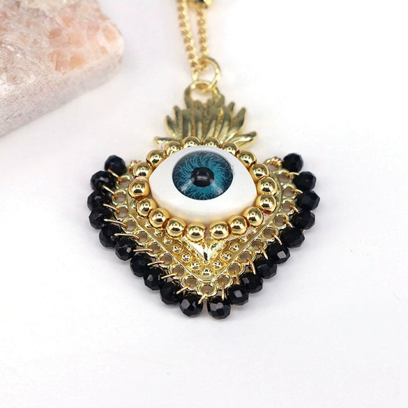 Jewelry Retro Design Devil's Eye Crystal Copper Resin Geometric Peach Heart Pendant Goldplated Ball Chain Necklace