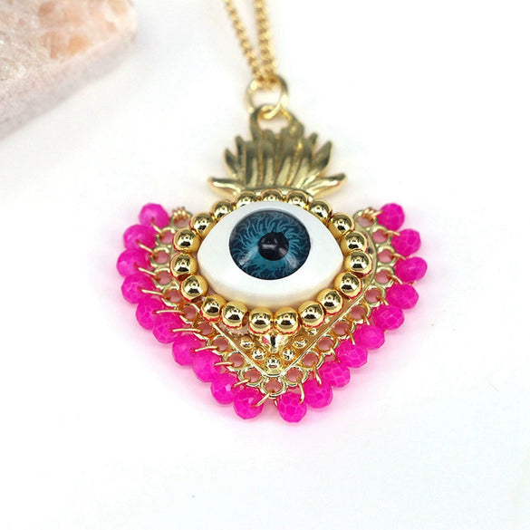 Jewelry Retro Design Devil's Eye Crystal Copper Resin Geometric Peach Heart Pendant Goldplated Ball Chain Necklace