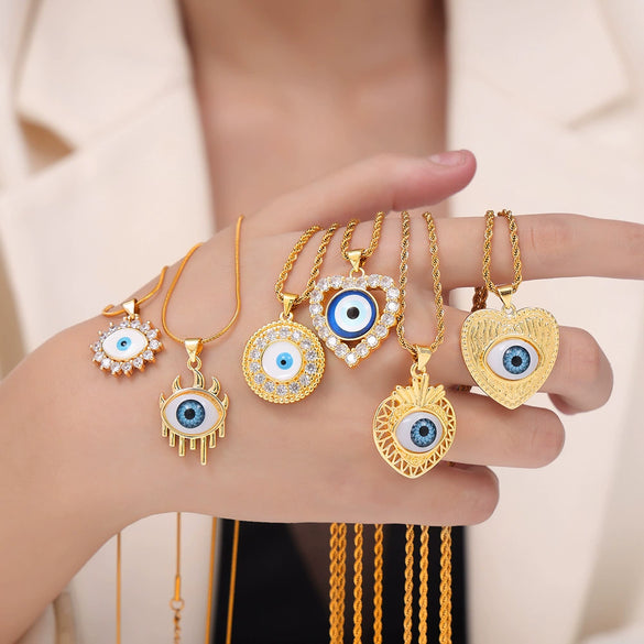 Jewelry Retro Devil's Eye 316L Stainless Steel Gold Plated Copper Necklace For Women With Geometric Pattern